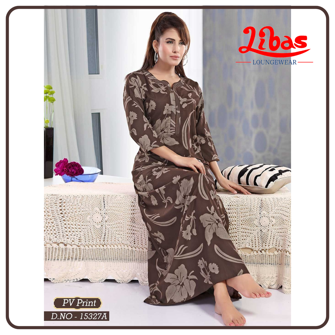 Dark Brown Bizi Lizi Long Sleeve Nighty With Floral Print All Over From Libas Loungewear - LSN217