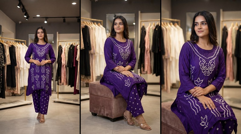 Kala Sanskruti All Over Purple Color Cotton Bandhani Women’s Redy Pair (3XL) Elegant Traditional Cotton Redy Pair For Women Without Dupatta