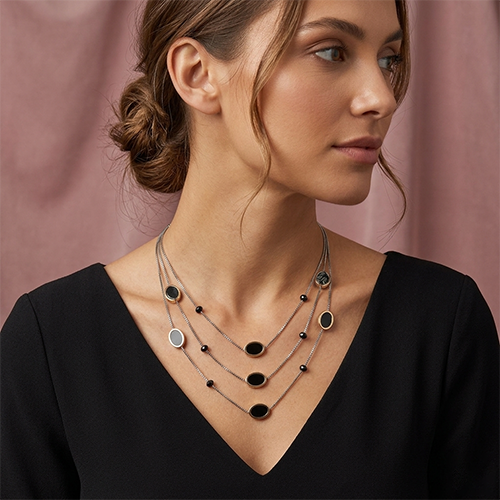 Elegant Oval Multi-Layered Necklace | Black & Gold Statement Jewelry