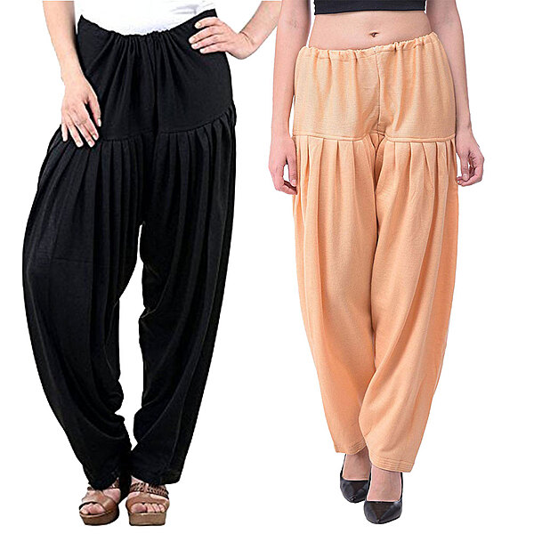 GulGuli Women's Woolen Patiala Salwar Combo Pack of 2 (Black and Beige) - Free Size