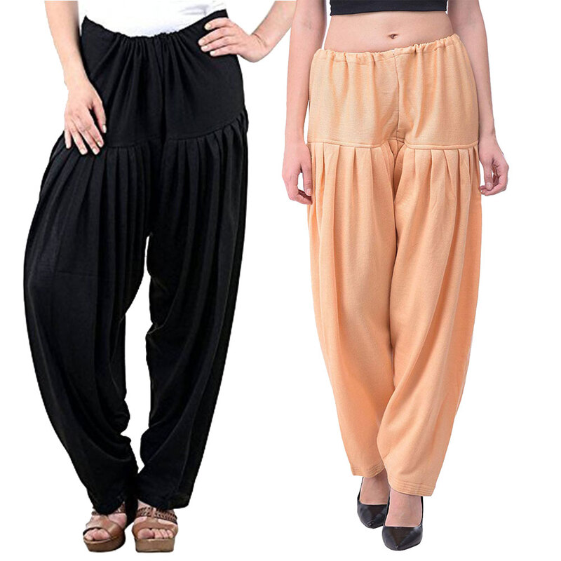 GulGuli Women's Woolen Patiala Salwar Combo Pack of 2 (Black and Beige) - Free Size