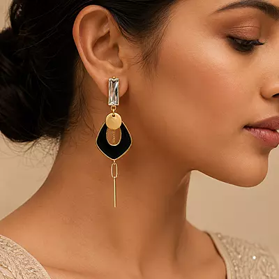 Noiré Black Geometric Crystal Gold-Tone Drop Earrings