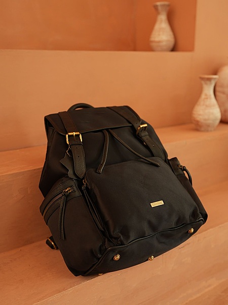 BLACK SATIN TOUCH , LEATHER STRAP BAGPACKPACK