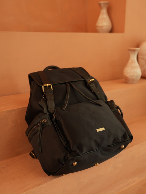 BLACK SATIN TOUCH , LEATHER STRAP BAGPACKPACK