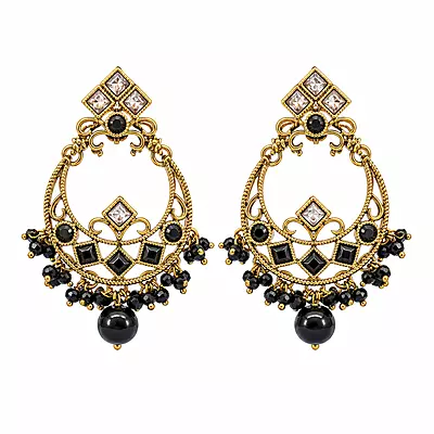 Nishika Black Bead Gold-Tone Chandbali Earrings