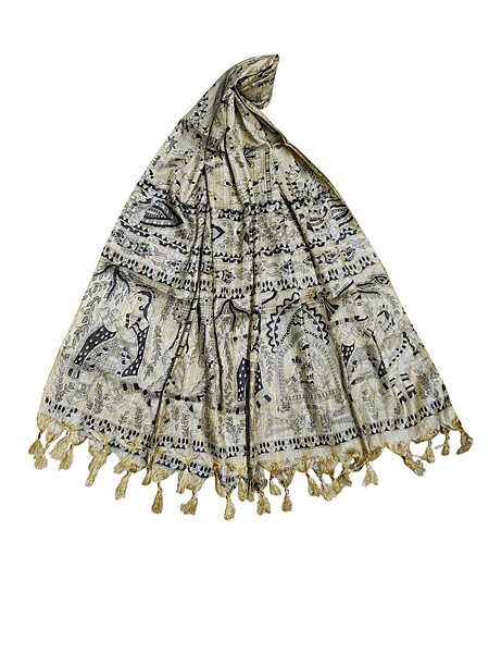 Madhubani Print Black Cotton Silk Dupatta for Women