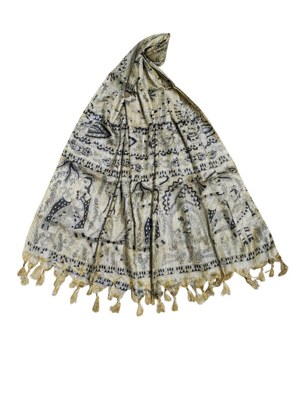 Madhubani Print Black Cotton Silk Dupatta for Women