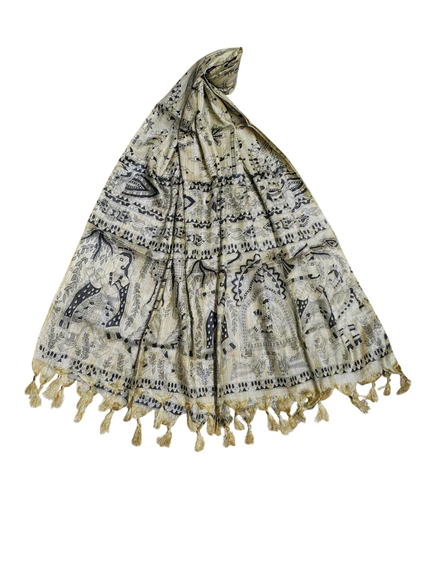 Madhubani Print Black Cotton Silk Dupatta for Women