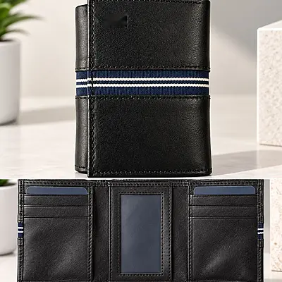 Premium Men’s Black Bi-Fold Wallet | Textured Finish with Blue & White Stripe
