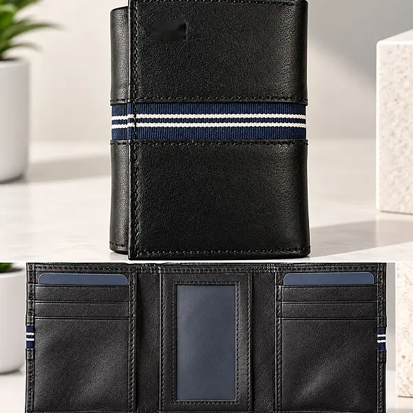 Premium Men’s Black Bi-Fold Wallet | Textured Finish with Blue & White Stripe