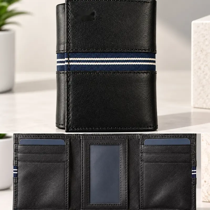 Premium Men’s Black Bi-Fold Wallet | Textured Finish with Blue & White Stripe