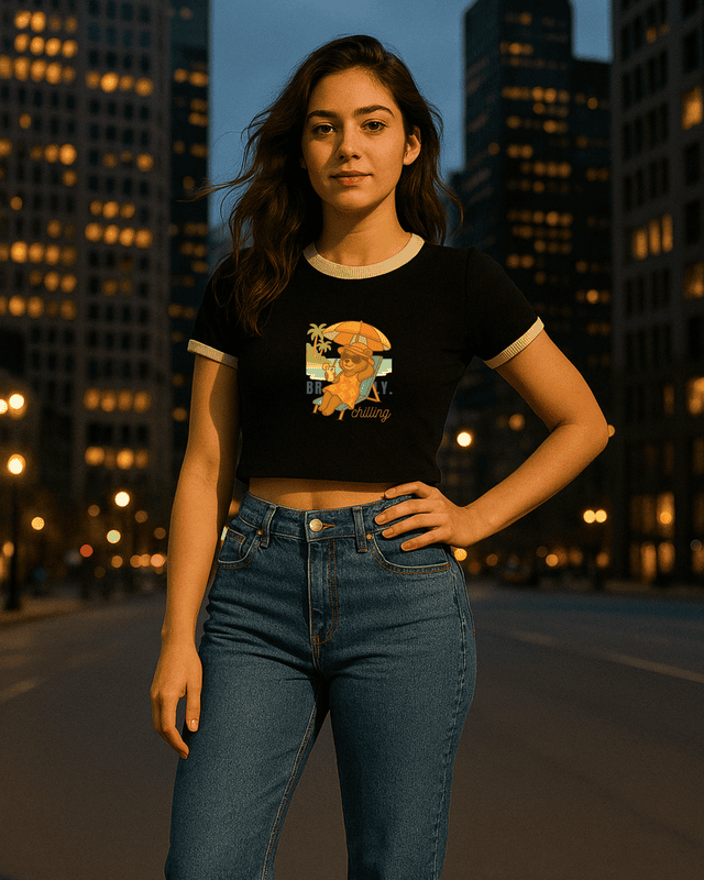 Women's Black Beach Bear Graphic Printed Crop Top