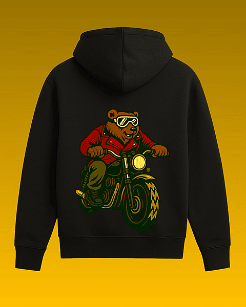 Unisex Black Biker Bear Graphic Printed All-Weather Hoodie