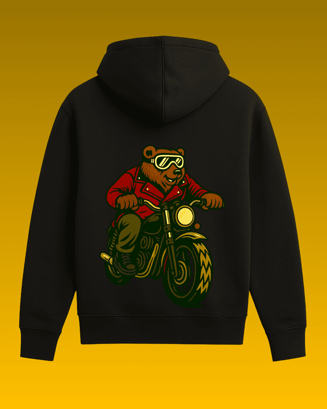 Unisex Black Biker Bear Graphic Printed All-Weather Hoodie
