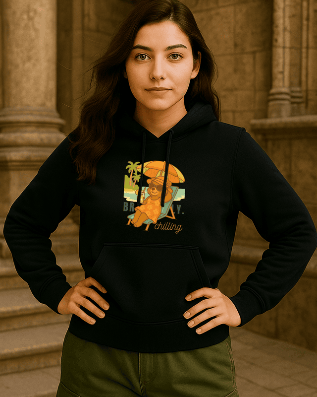 Unisex Black Front Beach Bear Graphic Printed All-Weather Hoodie