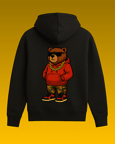 Unisex Black Thug Bear Graphic Printed All-Weather Hoodie