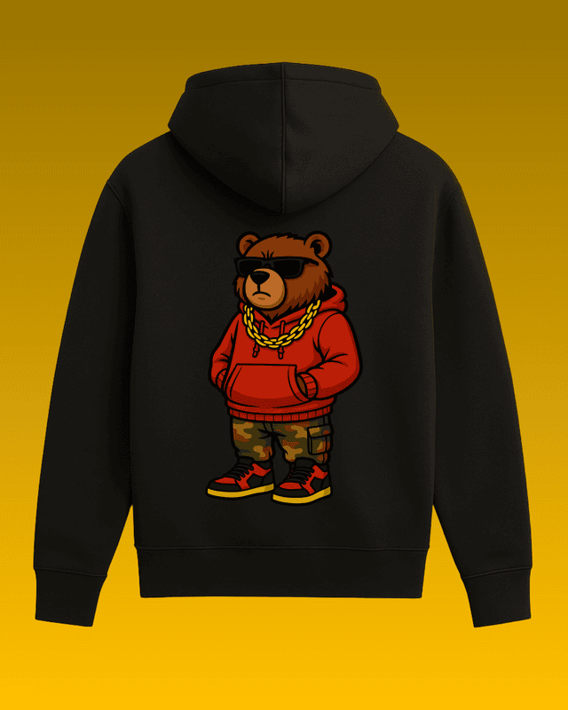 Unisex Black Thug Bear Graphic Printed All-Weather Hoodie