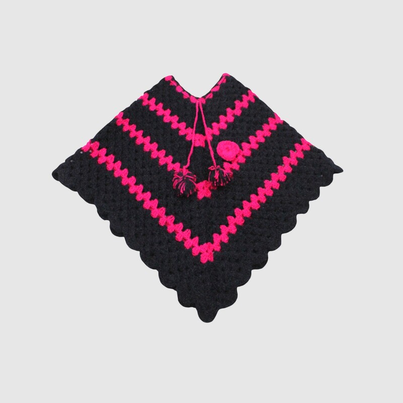 (4-5 Years) Handknitted Kids Woolen Poncho, Black and Pink