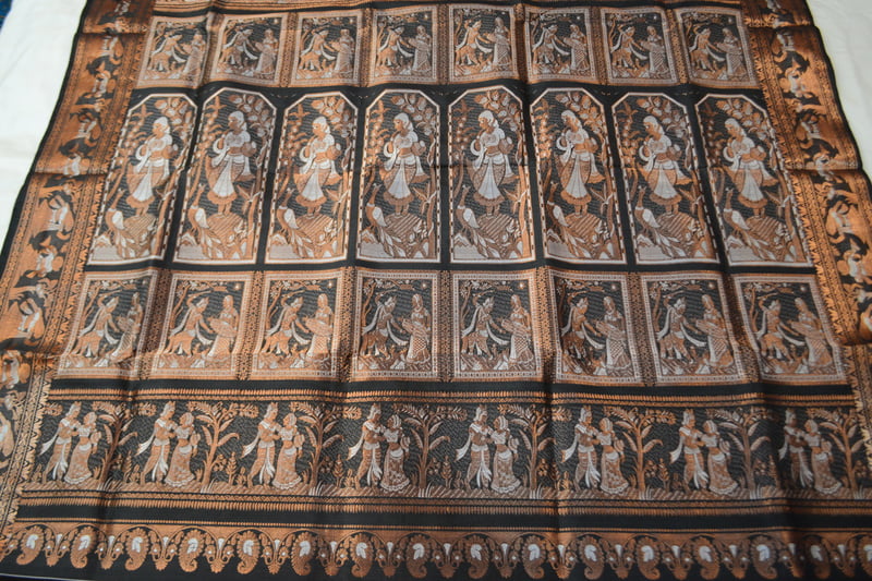 Black copper figurine motif pure katan silk swarnachari saree