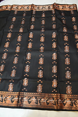 Black copper figurine motif pure katan silk swarnachari saree