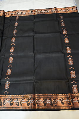 Black copper figurine motif pure katan silk swarnachari saree