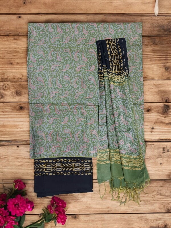 Grey & Maroon Unstitched Batik Print Silk Salwar Suit Dress Material with Dupatta