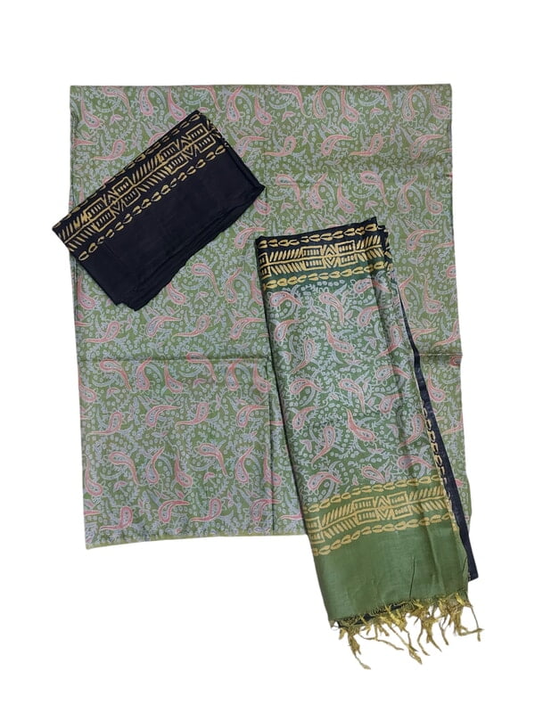 Grey & Maroon Unstitched Batik Print Silk Salwar Suit Dress Material with Dupatta