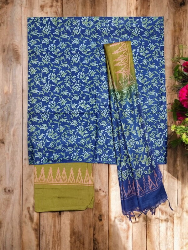 Indigo & Olive Green Unstitched Batik Print Silk Salwar Suit Dress Material with Dupatta