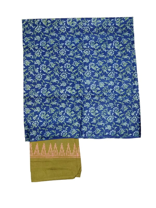 Indigo & Olive Green Unstitched Batik Print Silk Salwar Suit Dress Material with Dupatta
