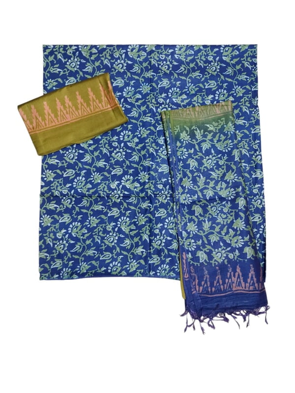 Indigo & Olive Green Unstitched Batik Print Silk Salwar Suit Dress Material with Dupatta