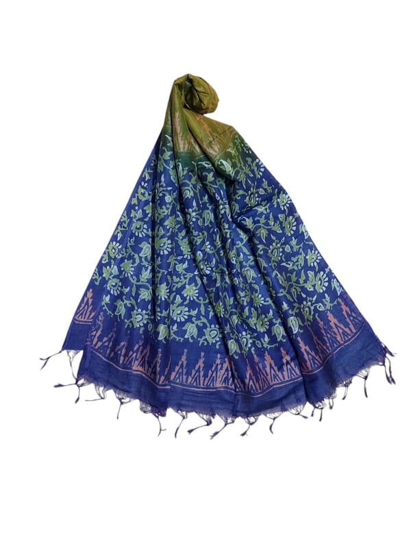 Indigo & Olive Green Unstitched Batik Print Silk Salwar Suit Dress Material with Dupatta