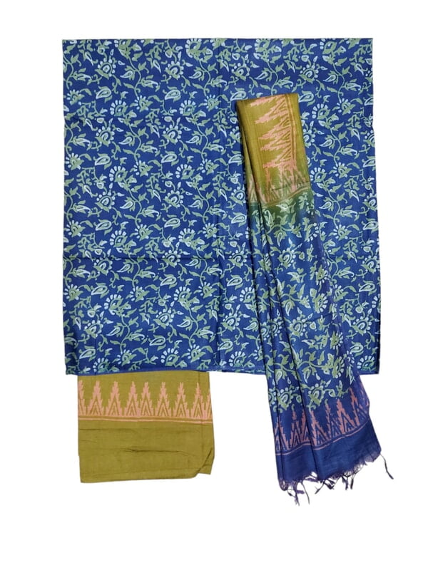 Indigo & Olive Green Unstitched Batik Print Silk Salwar Suit Dress Material with Dupatta