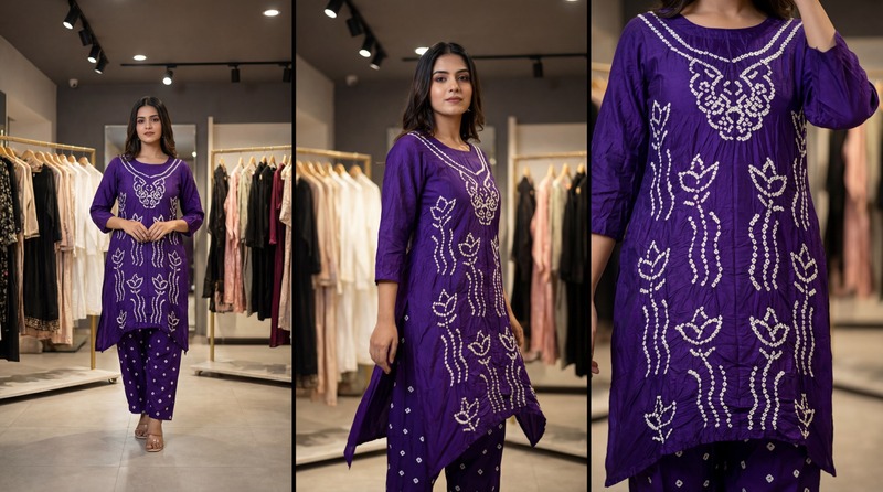 Kala Sanskruti All Over Purpal Color Cotton Bandhani Women's Redy Pair (2XL) Elegant Traditional Cotton Redy Pair For Women Without Dupatta