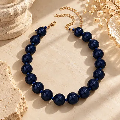 Noctis Navy Round Beaded Statement Necklace