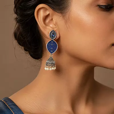 Neelvaani Cobalt Enamel Oxidised Jhumka Earrings