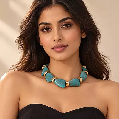 Azuria Teal Marbled Geometric Gold-Tone Statement Necklace