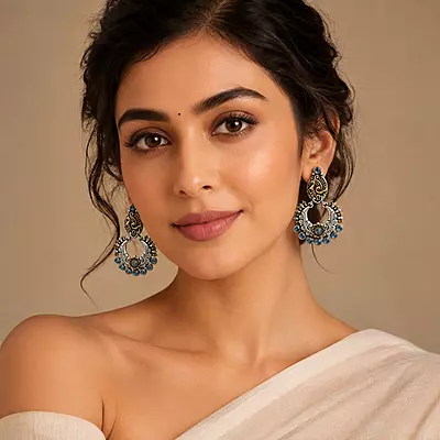Neelanjali Peacock Blue Stone Oxidised Chandbali Earrings