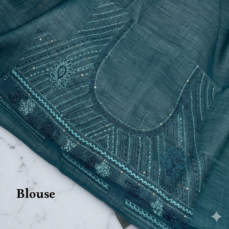 The French Knot Collection: Sage Green Linen Tissue Saree with Hand-Textured Embroidery