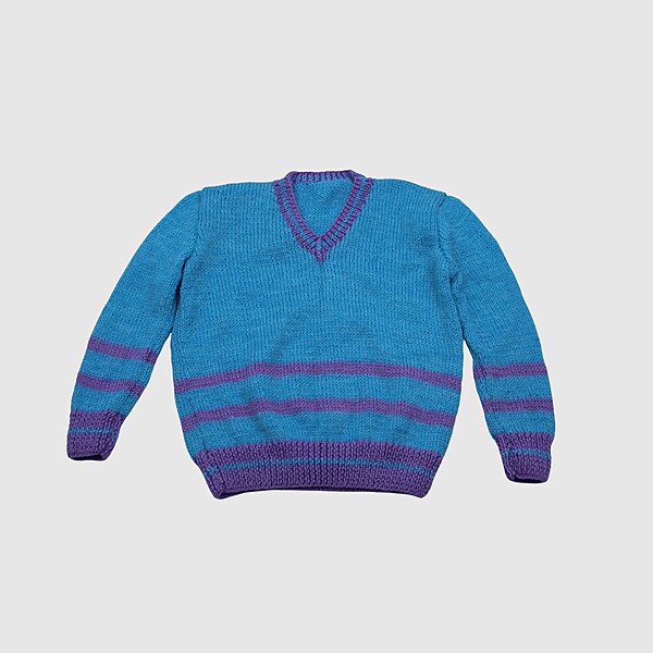 (4-5 Years) Baby Handknitted Woolen Full Sleeves Sweater, Blue and Purple Striped