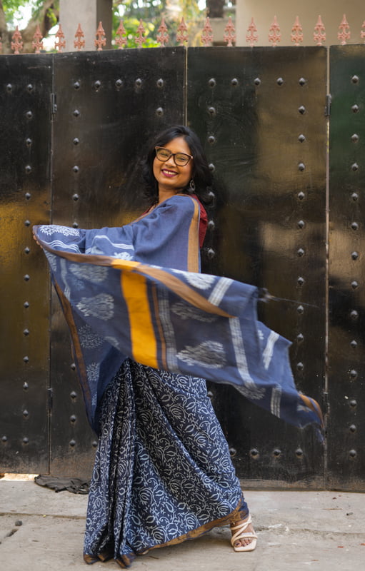 Navy blue and white color hand block print cotton saree Navy blue and white color hand block print cotton saree