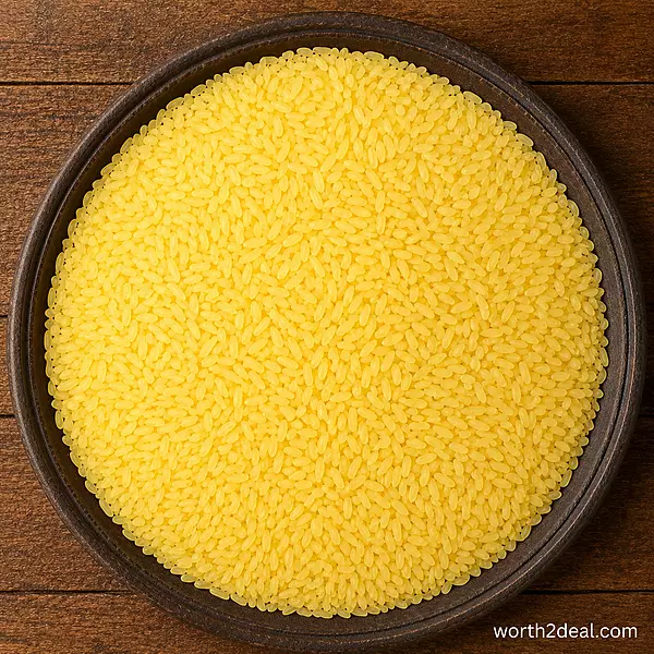 Raw Bodhana Noorjahan rice grains in rustic bowl on wooden surface.