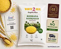 Bodhana Noorjahan rice pack with FSSAI and GI certification cards.