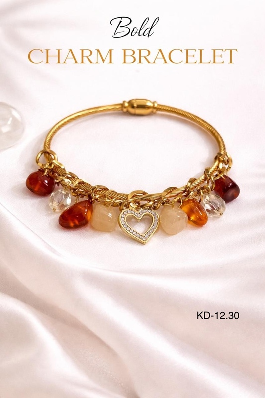 Bold Gold Charm Bracelet with Heart Pendant