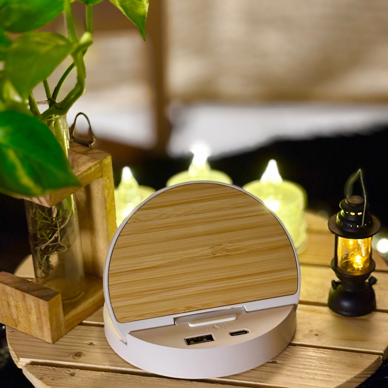 Wireless Charger "Bolt" with Mobile Stand and Bamboo Top Wireless Charger "Bolt" with Mobile Stand and Bamboo Top