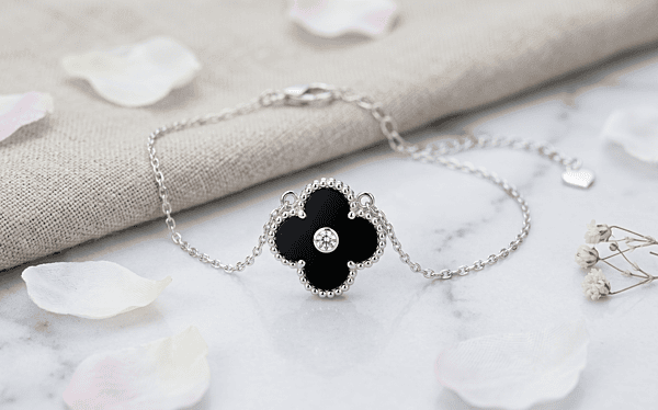 925 Silver Black Clover Charm Bracelet