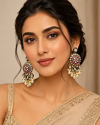 Kundan Ruby Green Pearl Drop Statement Earrings