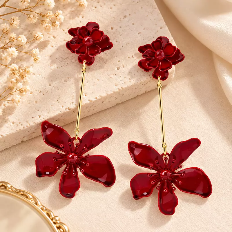 Rosavelle Burgundy Enamel Floral Drop Earrings