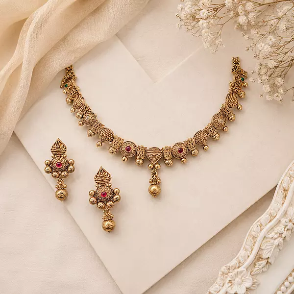 Aaranya Antique Gold-Tone Heritage Necklace and Earrings Set