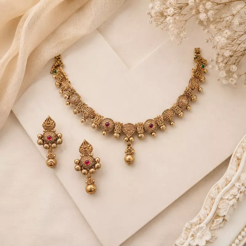 Aaranya Antique Gold-Tone Heritage Necklace and Earrings Set