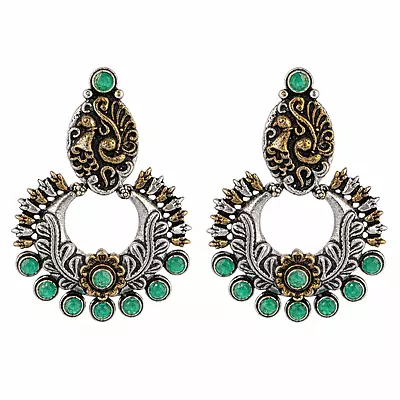 Aaranya Peacock Green Stone Oxidised Chandbali Earrings